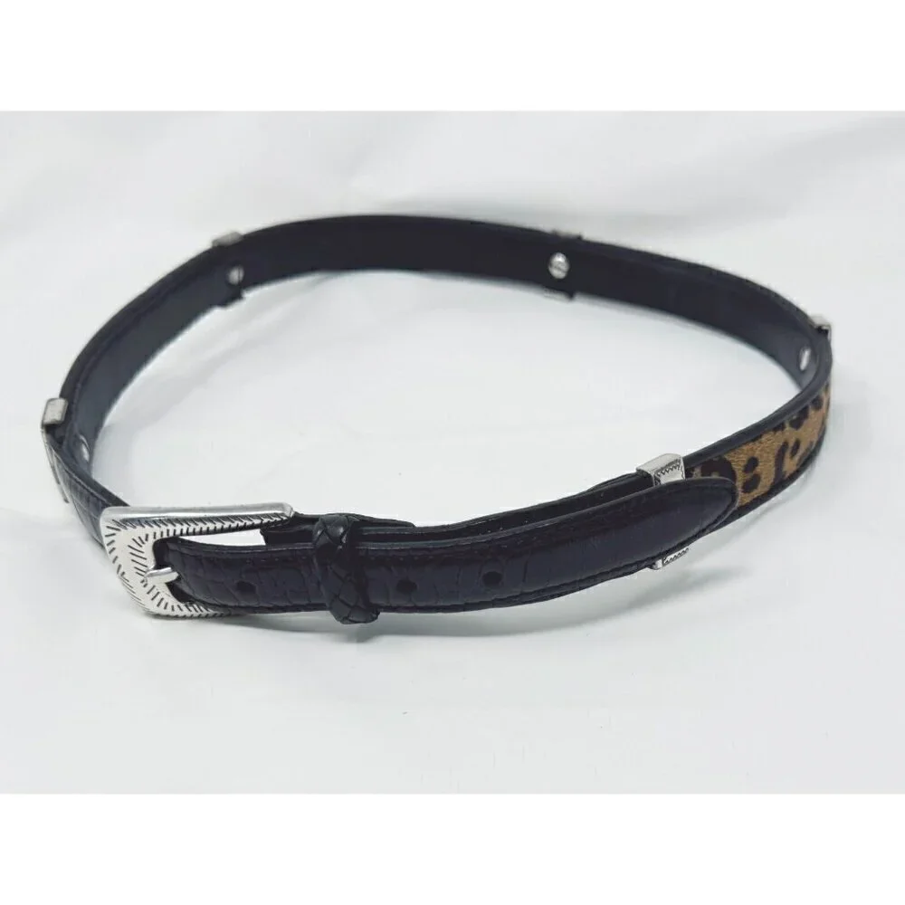 Brighton Sz M/L Black Leather Leopard Print Pony Calf Hair Patchwork Belt Mix
